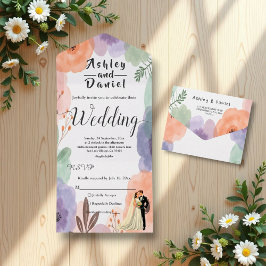 Wasserfarbe Blumen Romantisches Paar Elegante Hoch All In One Einladung