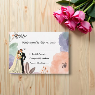 Wasserfarbe Blumen Romantisches Paar Elegante Hoch RSVP Karte