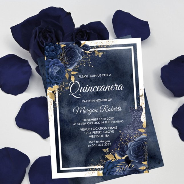 Wasserfarbe, Blumen und Kleid, Gold Quinceanera Einladung (Von Creator hochgeladen)