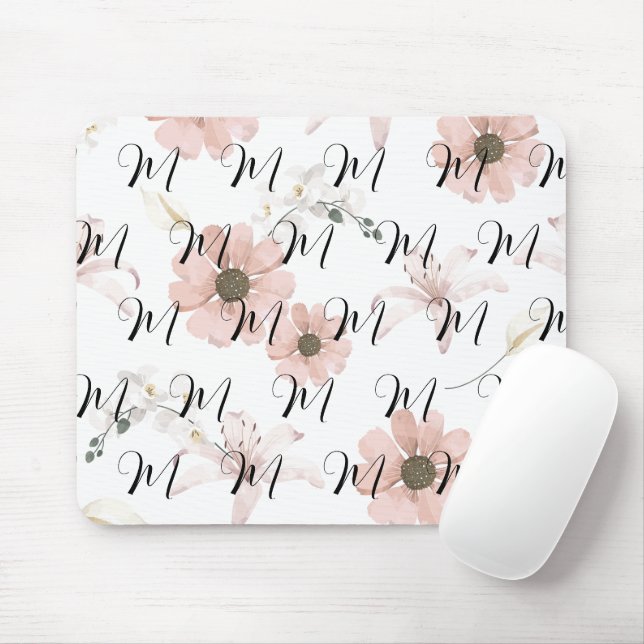 Wasserfarbe Blush Rosa Blumen Kunst Monogramm Mousepad (Mit Mouse)
