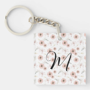 Wasserfarbe Blush Rosa Blumen Kunst Monogramm Schlüsselanhänger