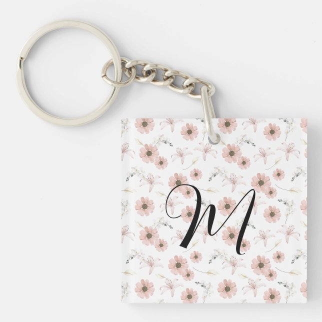Wasserfarbe Blush Rosa Blumen Kunst Monogramm Schlüsselanhänger (Vorderseite)