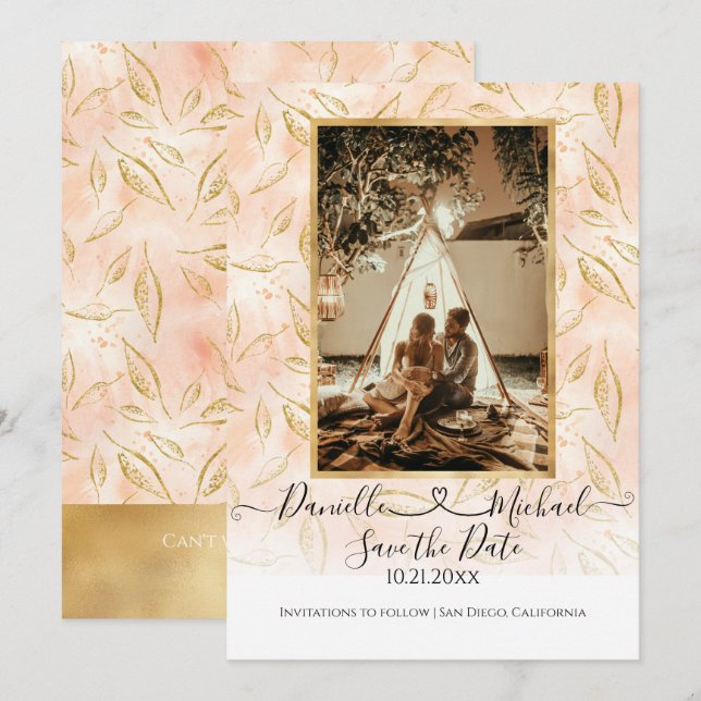 Wasserfarbe BOHO Blätter Pink Gold Glitzer Save The Date (Vorne/Hinten)