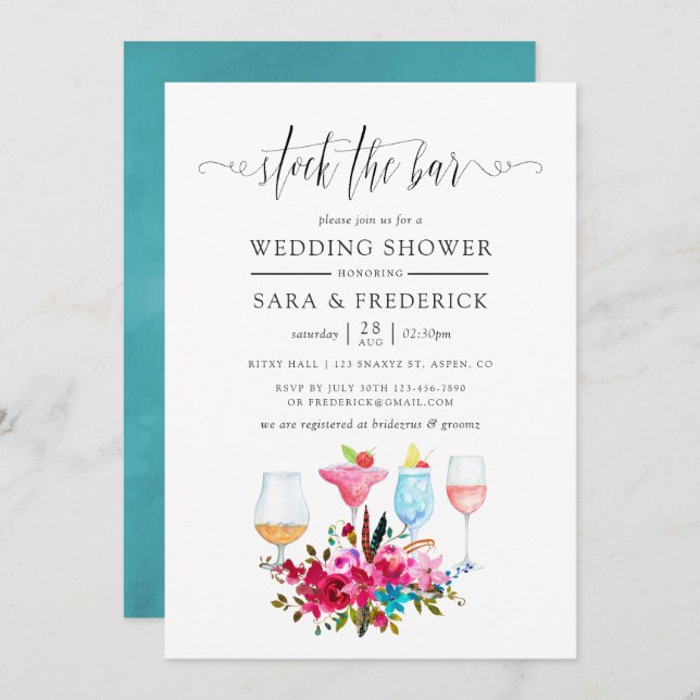 Wasserfarbe Boho Chic Blumengesteck Bar Einladung (Vorne/Hinten)