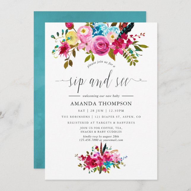 Wasserfarbe Boho Chic Blumensippe sehen Einladung (Vorne/Hinten)