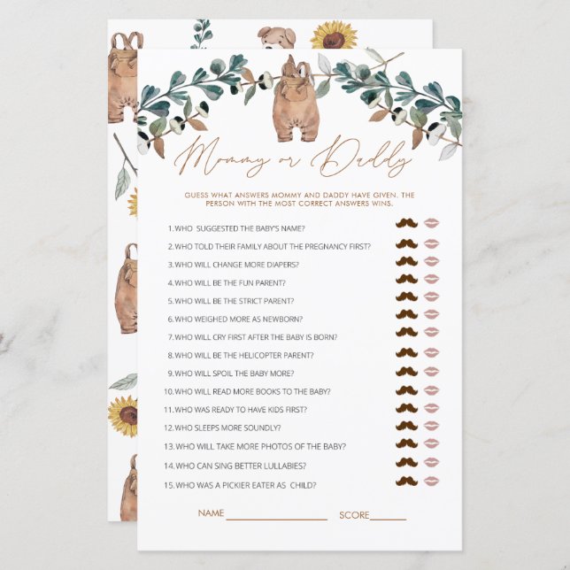 Wasserfarbe Boho Mommy oder Daddy Baby Showspiel (Vorne/Hinten)