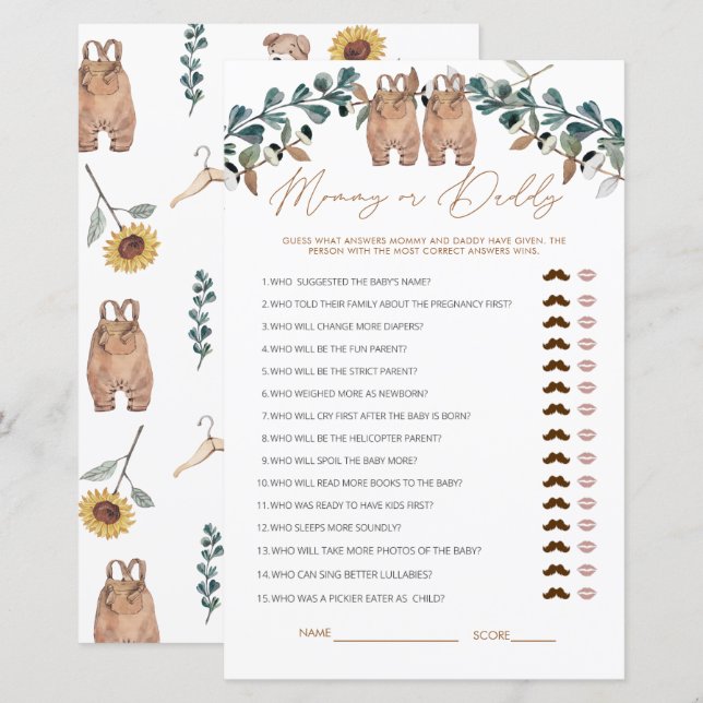 Wasserfarbe Boho Mommy oder Daddy Baby Showspiel (Vorne/Hinten)