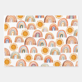 Wasserfarbe Boho Regenbogen und Sonne Geschenkpapier Set