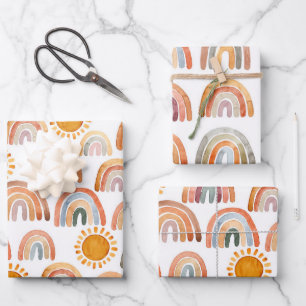 Wasserfarbe Boho Regenbogen und Sonne Geschenkpapier Set