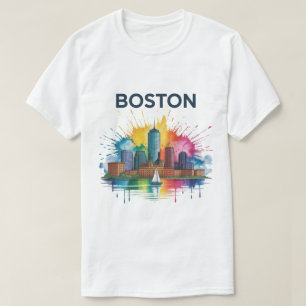 Wasserfarbe Boston Skyline Lebhafte Stadt Boston T-Shirt
