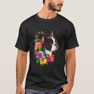Wasserfarbe Boston Terrier mit Blume Bostie 16 T-Shirt