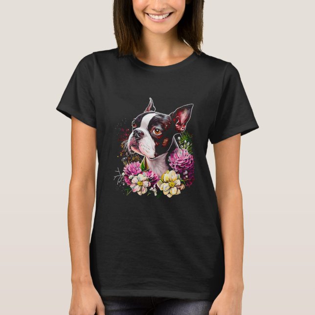 Wasserfarbe Boston Terrier mit Blume Bostie 19 T-Shirt (Vorderseite)