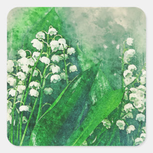 Wasserfarbe-botanische Lilie des Tales Quadratischer Aufkleber