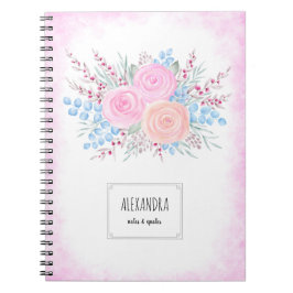 Wasserfarbe Bouquet Pink Roses Blaue Blätter Tropf Notizblock