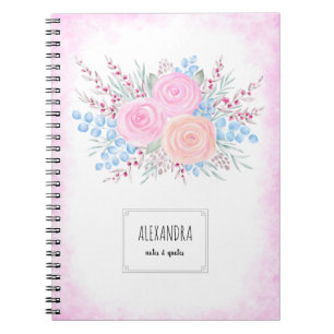 Wasserfarbe Bouquet Pink Roses Blaue Blätter Tropf Notizblock
