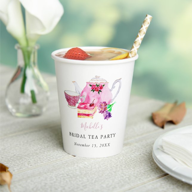 Wasserfarbe Brautparty Tee Party Rosa Skript  Pappbecher (In Situ)