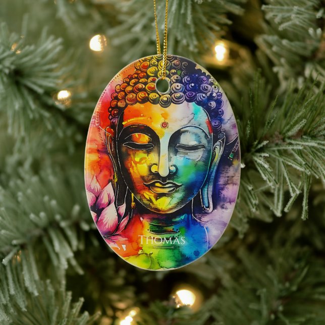 Wasserfarbe Buddha Rainbow Personalisiert Name Keramik Ornament (Baum)