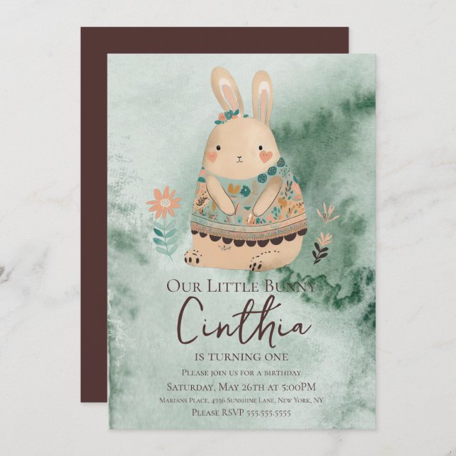 Wasserfarbe Bunny Oaster Pastel Boho Birthday Invi Einladung (Vorne/Hinten)