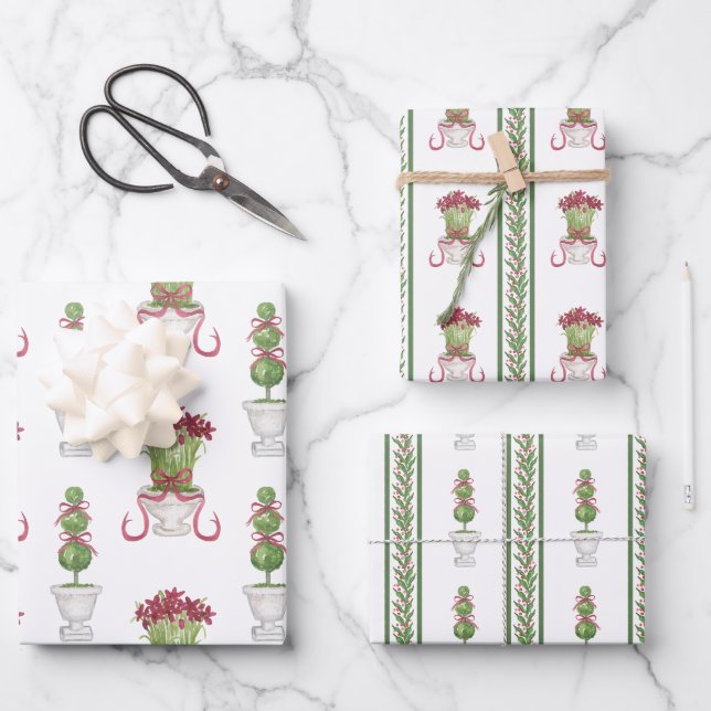 Wasserfarbe Burgund Amaryllis & Topiary Weihnachte Geschenkpapier Set (Vorderseite)