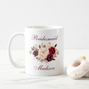 Wasserfarbe Burgund Floral Name der Brautjungfrau Kaffeetasse