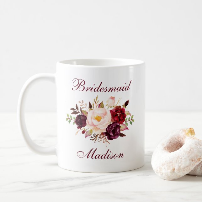 Wasserfarbe Burgund Floral Name der Brautjungfrau Kaffeetasse (Mit Donut)