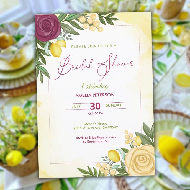 Wasserfarbe Burgund Rose & Zitronenfleisch Brautpa Einladung (Watercolor Burgundy Rose & lemon bridal shower Invitation)