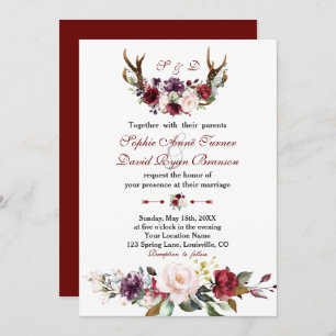 Wasserfarbe Burgundy Blush Floral Antlers Wedding Einladung