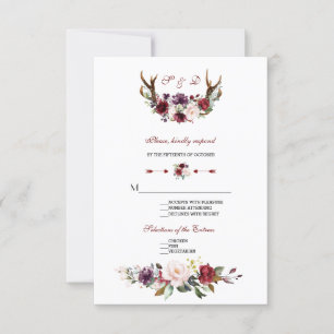 Wasserfarbe Burgundy Blush Floral Antlers Wedding RSVP Karte