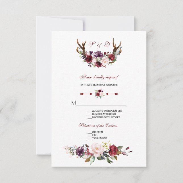 Wasserfarbe Burgundy Blush Floral Antlers Wedding RSVP Karte (Vorderseite)