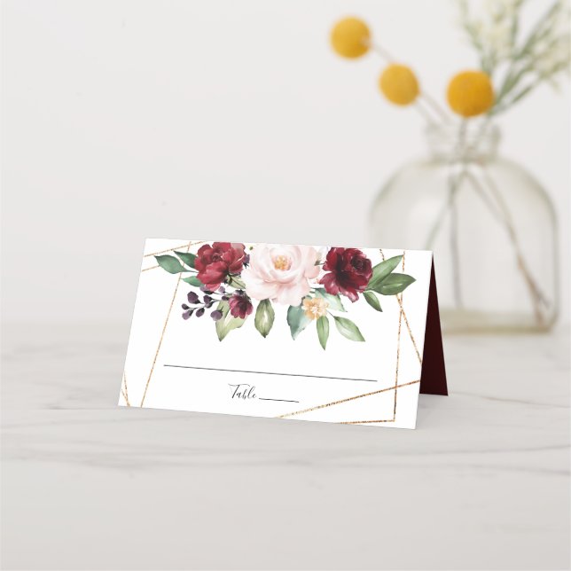 Wasserfarbe Burgundy Blush Floral Gold Geometrie Platzkarte (Vorderseite)