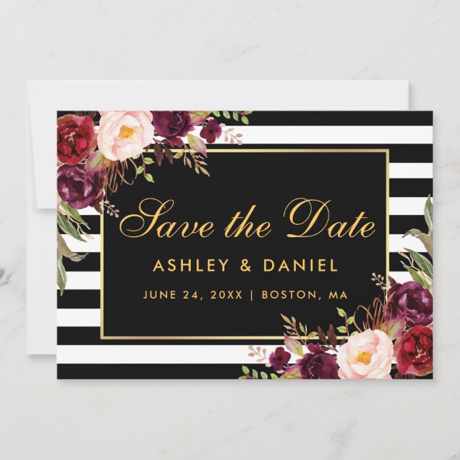 Wasserfarbe Burgundy Floral Strichen Save The Date (Vorderseite)
