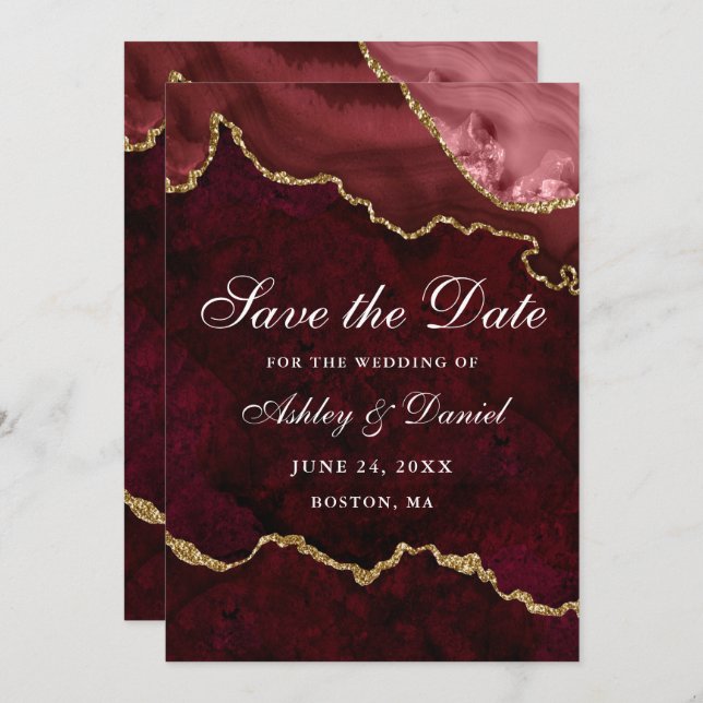 Wasserfarbe Burgundy Gold Marble Agate Geode Save The Date (Vorne/Hinten)