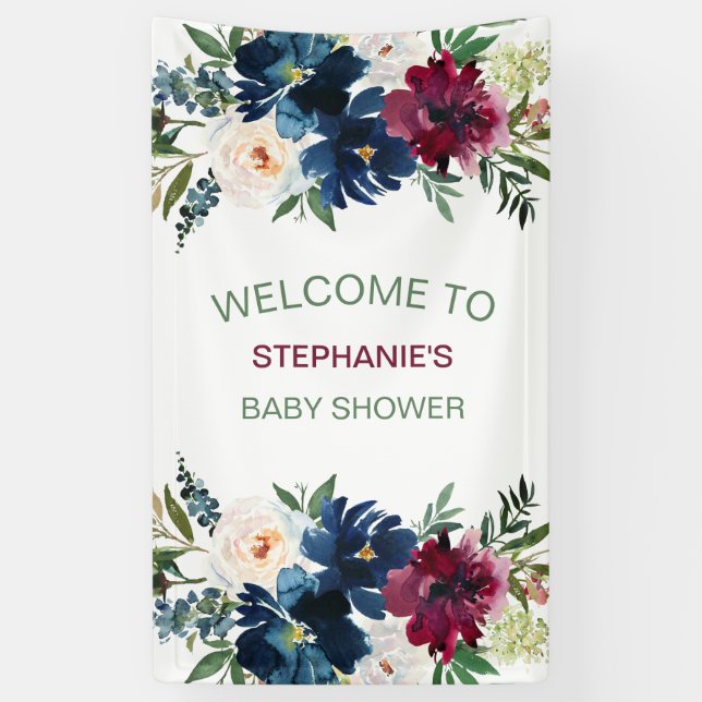 Wasserfarbe Burgundy Navy Blume Kinderdusche Banner (Vertikal)