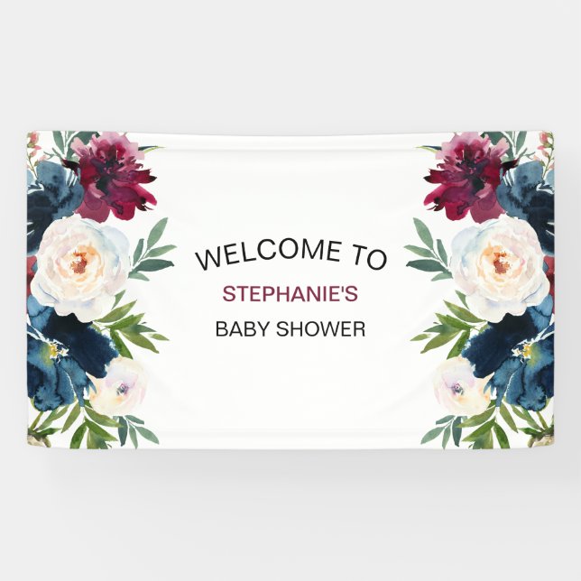 Wasserfarbe Burgundy Navy Blume Kinderdusche Banner (Horizontal)