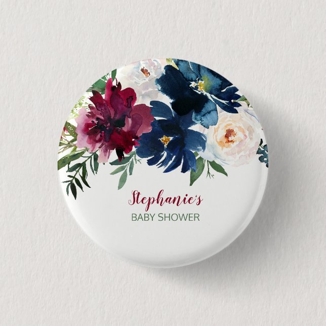 Wasserfarbe Burgundy Navy Blume Kinderdusche Button (Vorderseite)