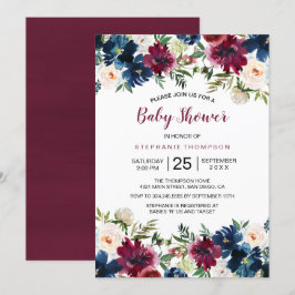 Wasserfarbe Burgundy Navy Blume Kinderdusche Einladung