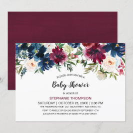 Wasserfarbe Burgundy Navy Blume Kinderdusche Einladung