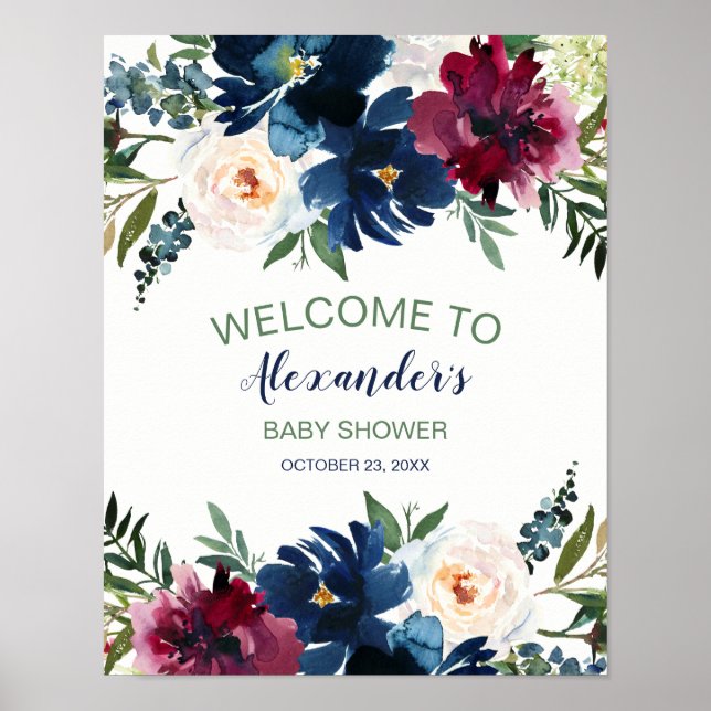 Wasserfarbe Burgundy Navy Blume Kinderdusche Poster (Vorne)