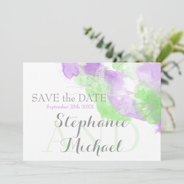 Wasserfarbe Butterfly Lilac Matcha Green Splash Save The Date (Stehend Vorderseite)