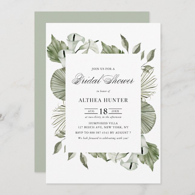 Wasserfarbe Calla Lily und Grünes Brautparty Einladung (Vorne/Hinten)