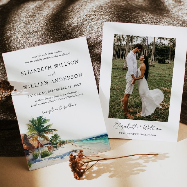 Wasserfarbe Cancun Mexiko Beach Hochzeitsfest Foto Einladung (Stunning Watercolor Cancun Beach Wedding Invitation with Photo - Perfect for a Destination Wedding)