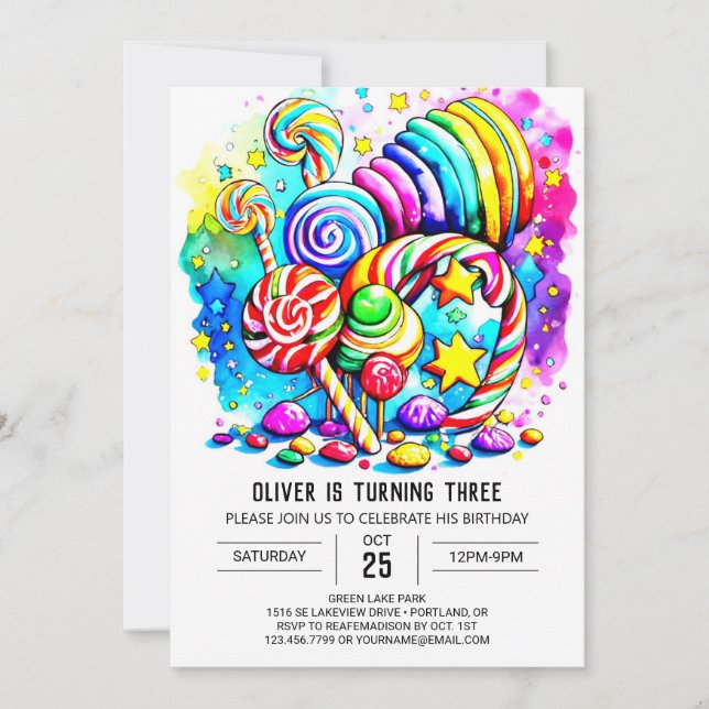 Wasserfarbe Candyland Birthday Einladung (Vorderseite)
