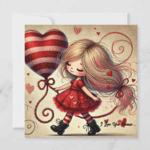 Wasserfarbe Cartoon Valentine Mädchen mit Ballon Feiertagskarte