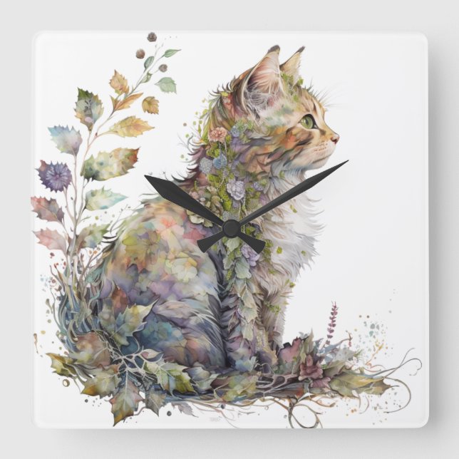 WASSERFARBE CAT-GESICHT UND HÜBSCHE BLUME QUADRATISCHE WANDUHR (Vorderseite)