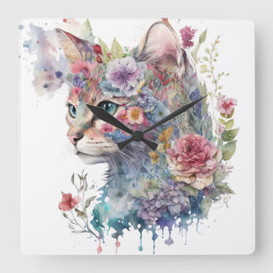 WASSERFARBE CAT-GESICHT UND HÜBSCHE BLUME QUADRATISCHE WANDUHR