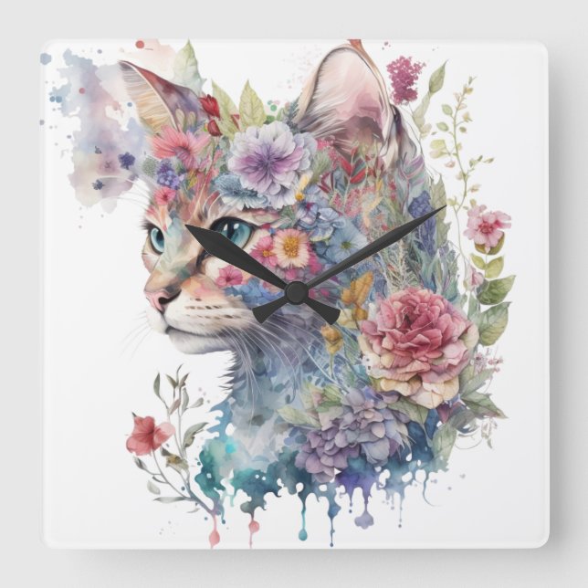 WASSERFARBE CAT-GESICHT UND HÜBSCHE BLUME QUADRATISCHE WANDUHR (Vorderseite)