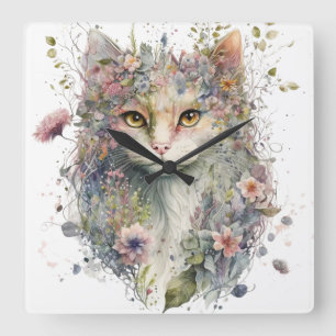 WASSERFARBE CAT-GESICHT UND HÜBSCHE BLUME QUADRATISCHE WANDUHR