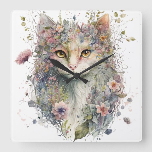 WASSERFARBE CAT-GESICHT UND HÜBSCHE BLUME QUADRATISCHE WANDUHR (Vorderseite)