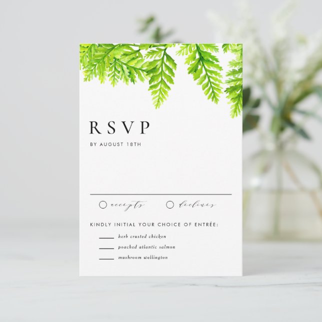 Wasserfarbe Chartreuse Green Fern Hochzeit RSVP Karte (Stehend Vorderseite)