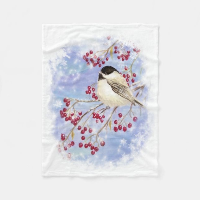 Wasserfarbe Chickadee & Berries Frostige Winterlan Fleecedecke (Vorderseite)